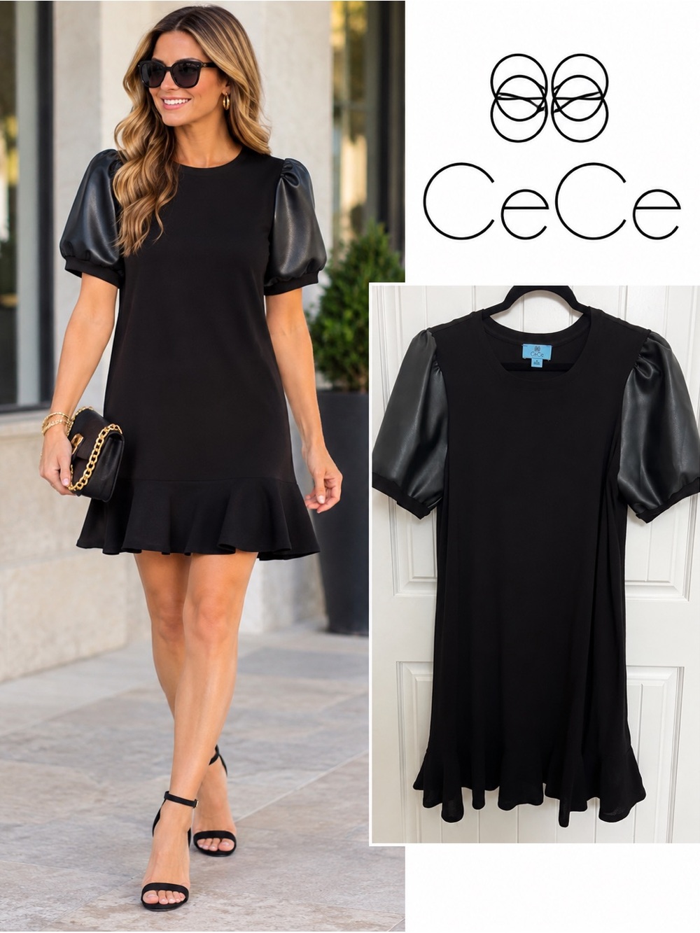 CeCe Black Faux Leather Puff Sleeve Dress
